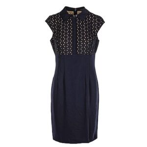Ann Taylor Navy Blue Sheath Dress Sleeveless Collar Lace Fitted Pencil Stretchy